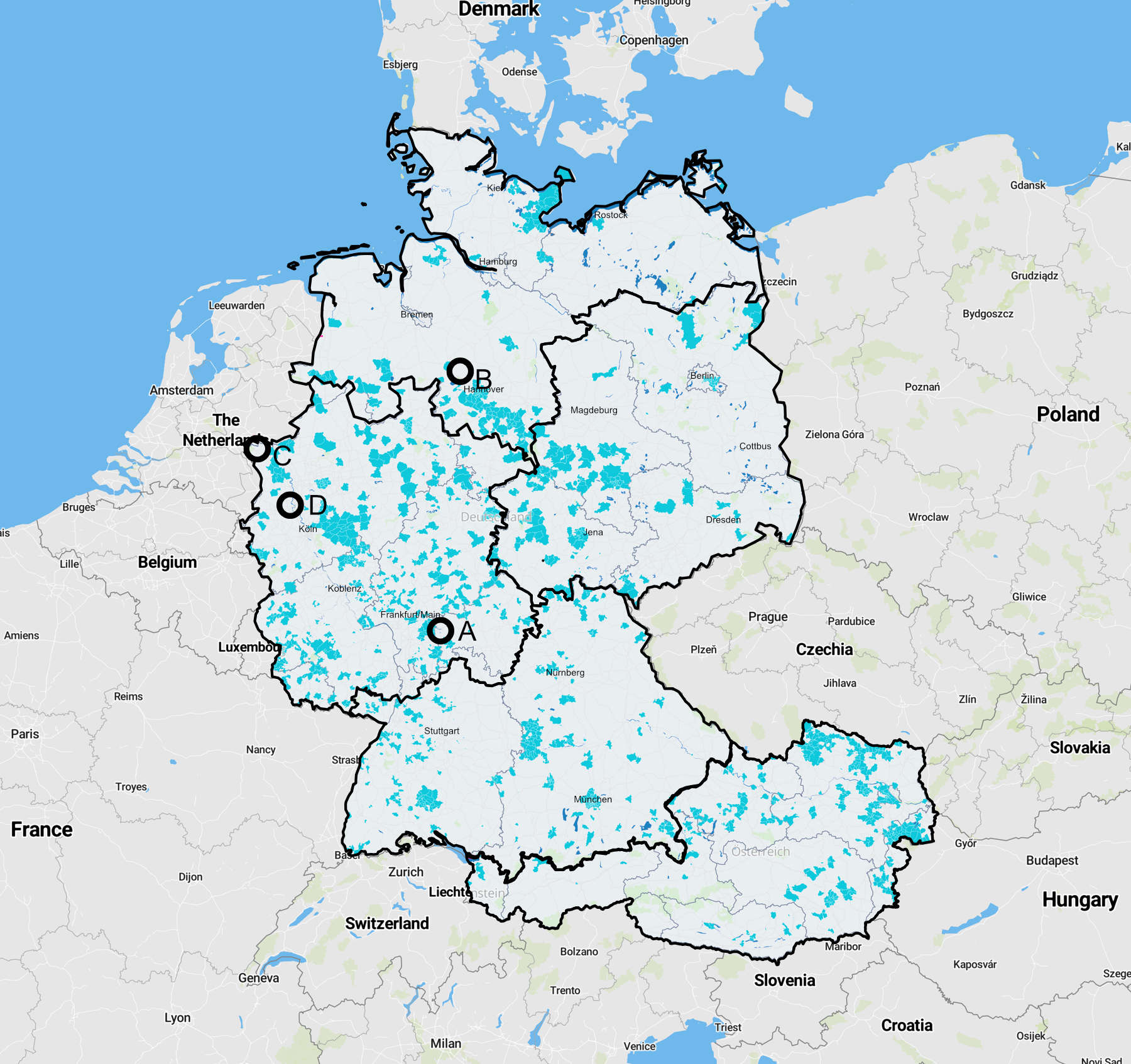 Nitrate distribution in Germany and Austria: <10mg/l