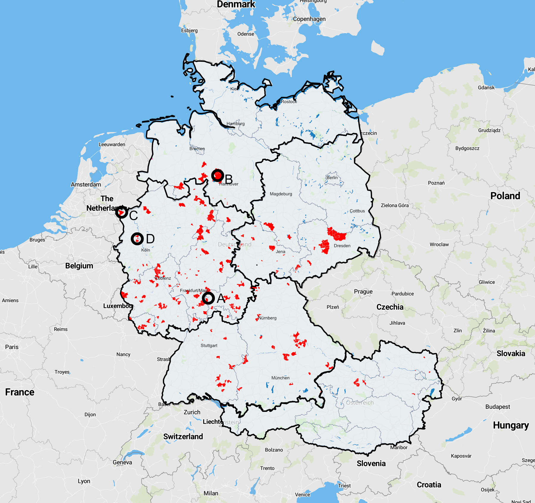 Nitrate distribution in Germany and Austria: <50mg/l