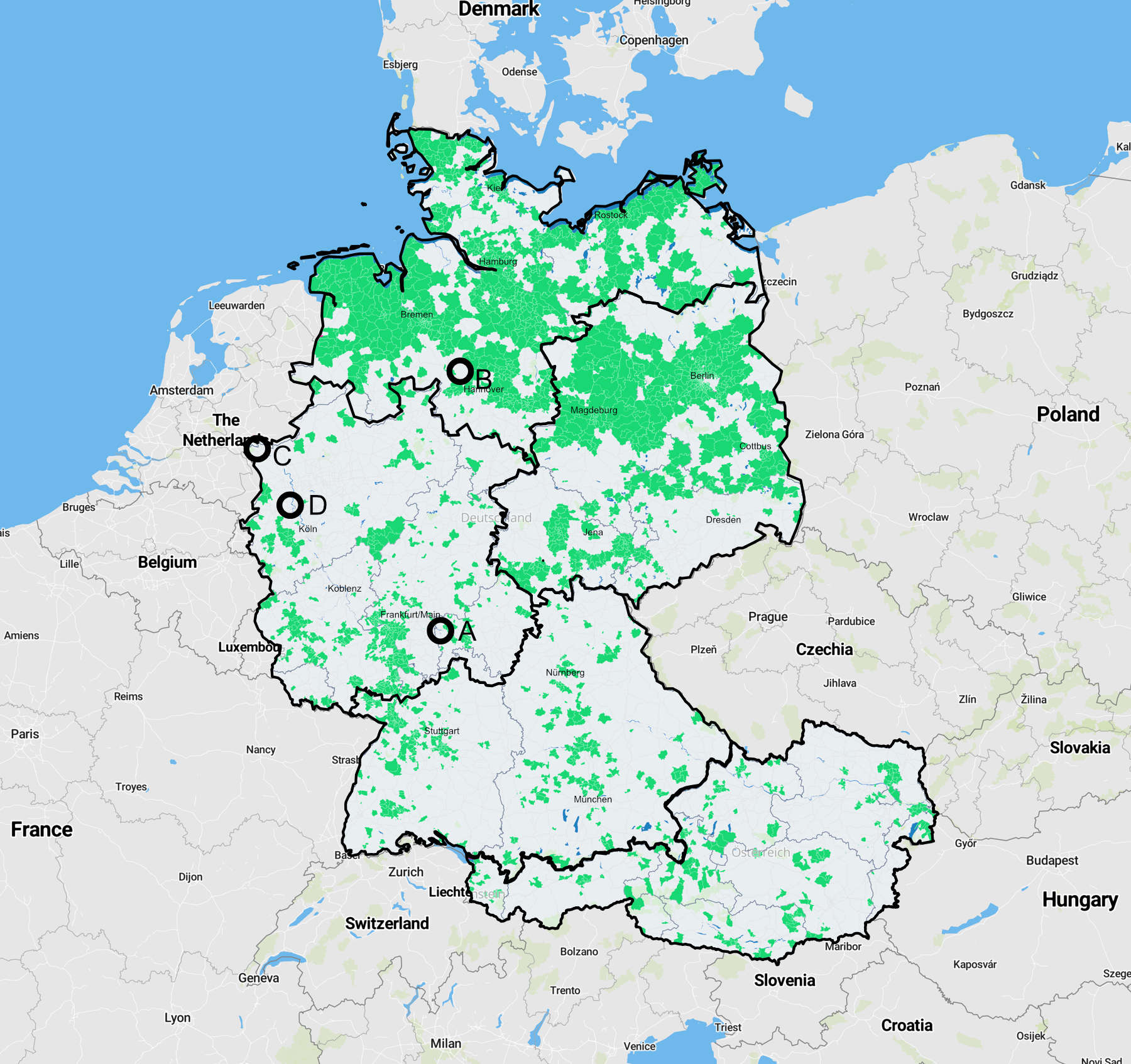 Nitrate distribution in Germany and Austria: <5mg/l