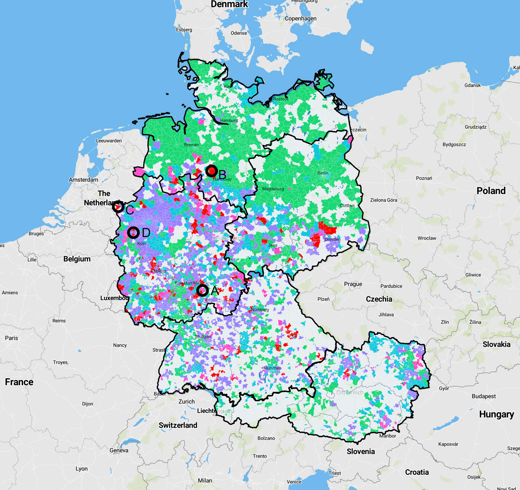 Nitratverteilung in Deutschland und Österreich, alle Werte